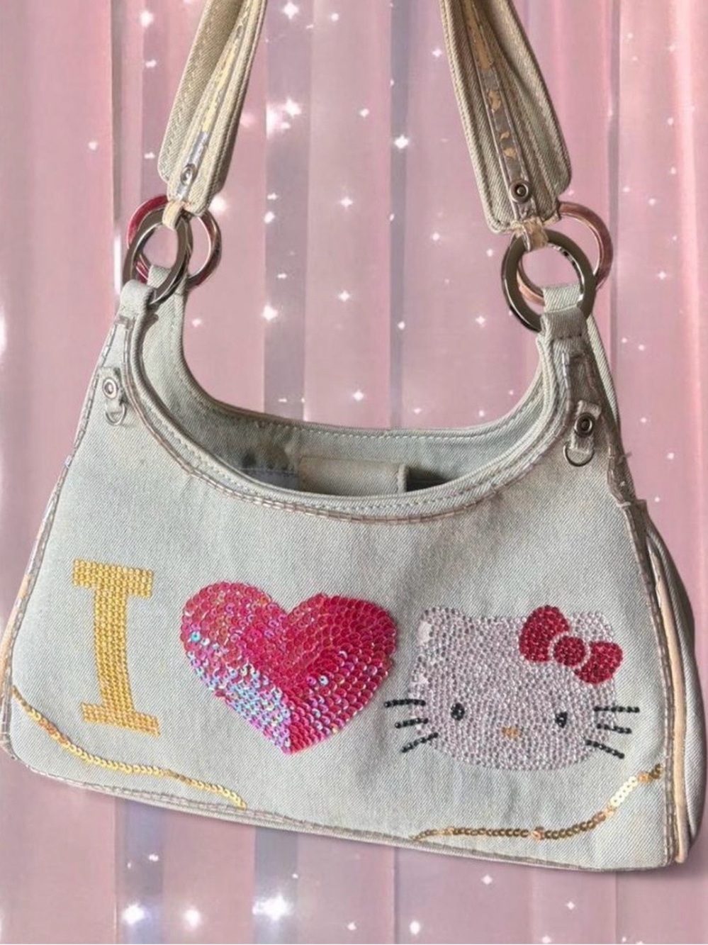 Rare I ❤️ Hello Kitty denim purse with sequins